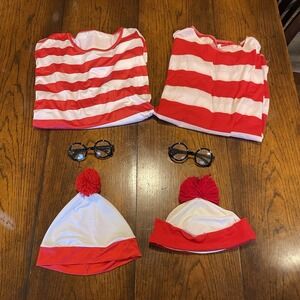 2 Sets Of Where's Waldo Costumes Hats, Glasses, And Shirts XL And Small Adults